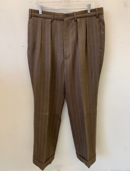 Mens, 1940s Vintage, Suit, Pants, SERJ MTO, Brown, Wool, Stripes - Vertical , Tweed, Ins:31, W:36+, Made To Order, Double Pleated, Zip Fly, Roomy Legs Tapered at Hem, Cuffed Hems, Belt Loops, 4 Pockets, Suspender Buttons at Inside Waist