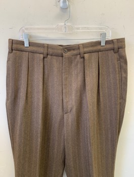 Mens, 1940s Vintage, Suit, Pants, SERJ MTO, Brown, Wool, Stripes - Vertical , Tweed, Ins:31, W:36+, Made To Order, Double Pleated, Zip Fly, Roomy Legs Tapered at Hem, Cuffed Hems, Belt Loops, 4 Pockets, Suspender Buttons at Inside Waist