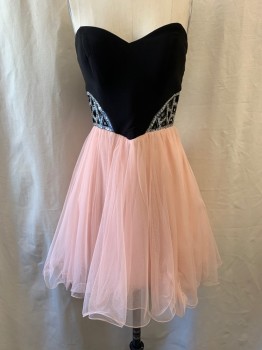 KAY UNGER, Black, Peach Orange, Polyester, Spandex, Color Blocking, Fit & Flare, Black Bodice, Strapless, Sweetheart Neckline, Side Cut Outs Trimmed with Silver Iridescent Sequins, Peach Tulle Skirt, Zip Back, Prom