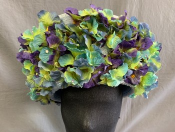 Womens, Hat , MEEKA TX CA, Lt Blue, Synthetic, 7, Purple/Blue/Yellow-Green Hydrangea Silk Flowers Surround Hat, Few Rhinestones,
