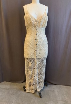 Womens, Dress, CONTEMPO CASUALS, Cream, Cotton, Floral, L, Straps, V-N, Button Front, Deep Open Back, Poly Satin Cream Lining at Bust, Crochet