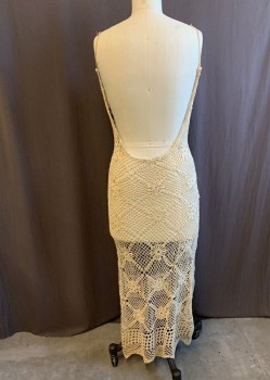 CONTEMPO CASUALS, Cream, Cotton, Floral, Straps, V-N, Button Front, Deep Open Back, Poly Satin Cream Lining at Bust, Crochet