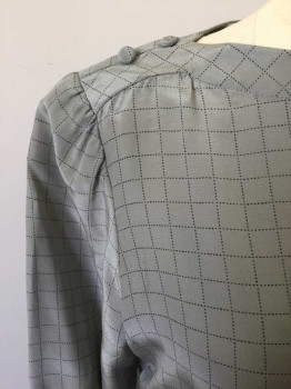 DAVID HAYES, Lt Gray, Black, Silk, Grid , Bateau Neck with 2 Buttons on Each Shoulder, L/S, CB Zipper and 1 Button, Faux French Cuffs, Modeled on a Size 2,