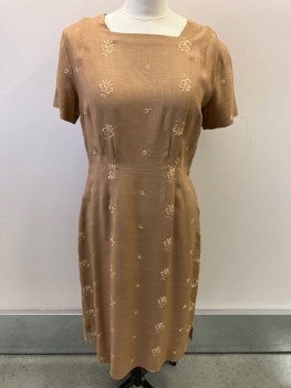 N/L, Tan Brown, Polyester, Solid, Floral Stitch Detail., Square Neck, S/S, CF Pleats, Side Zipper, Slits At Hem
