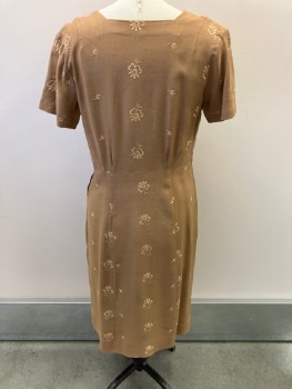 N/L, Tan Brown, Polyester, Solid, Floral Stitch Detail., Square Neck, S/S, CF Pleats, Side Zipper, Slits At Hem