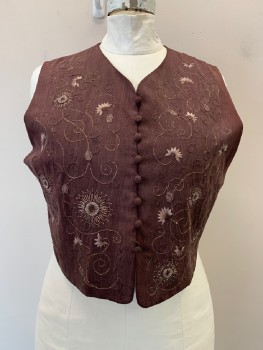 EMANUEL, Plum Purple, Gold, Gray, Silk, Floral, B.F., V Neck, Cover Buttons, Flower And Swirl Appliqués