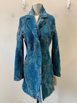 Womens, Coat, DKNY, Turquoise Blue, Sea Foam Green, Polyester, Rayon, Textured Fabric, XS, L/S, C.A., Button Front, 4 Button , Ornate Textured Pattern in Turquoise Against a Seafm Textured Material, Lined Inside