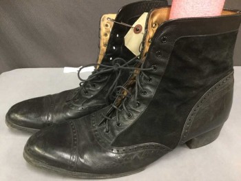 Mens, Boots 1890s-1910s, STEPPIN OUT, Black, Leather, Suede, Solid, 9.5, Black Perforated Leather, Cap Toe and Detail, Black Suede Lace Up Ankle Boot, Reproduction
