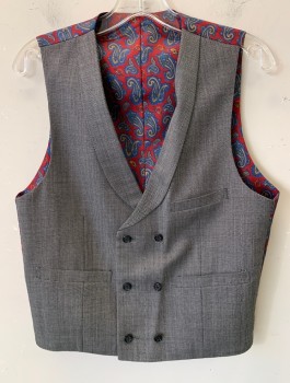Mens, 1960s Vintage, Suit, Vest, C&J, Gray, Wool, Birds Eye Weave, 38, Double Breasted, 6 Button, 3 pocket, Shawl Lapel, Red Blue & Gold Back