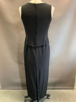 Womens, Evening Gown, NO LABEL, Black, Polyester, Spandex, Solid, 12, Sleeveless, Round Neck, Beaded Seams And Beaded Loop Trim, Back Slit, Back Zipper,