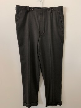 Mens, Pants, NO LABEL, Olive Green, Black, Wool, 2 Color Weave, 34/30, F.F, Side Pockets, Zip Front, Belt Loops