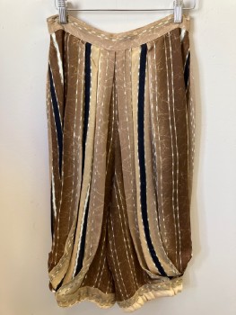 Womens, 1980s Vintage, Piece 2, BAL DE GRACE, Brown, Black, White, Polyester, Stripes, W:26, Knickers. Back Zip, Triple Pleats At Front And Back That Fold Into Wide Bands Below Knee