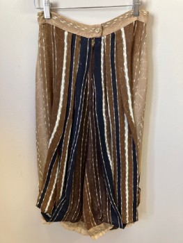 Womens, 1980s Vintage, Piece 2, BAL DE GRACE, Brown, Black, White, Polyester, Stripes, W:26, Knickers. Back Zip, Triple Pleats At Front And Back That Fold Into Wide Bands Below Knee