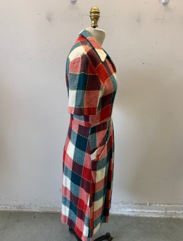 Womens, Dress, NL, Red, Forest Green, Ivory White, Yellow, Wool, Check , W28, B34, V neck, Collar, Short Sleeve, Gathered Front, 2 Pockets, Belt Loops,  Missing Belt