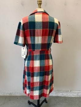 NL, Red, Forest Green, Ivory White, Yellow, Wool, Check , V neck, Collar, Short Sleeve, Gathered Front, 2 Pockets, Belt Loops,  Missing Belt