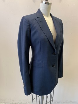 COSTUME NATIONAL, Navy Blue, Wool, Silk, Solid, Single Breasted, 2 Buttons, Peaked Lapel, Hand Picked Stitching, 3 Pockets, Double Vents at Back Hem