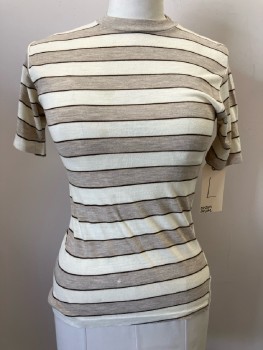 Womens, T-Shirt, CUSTOM CASUAL, L, Beige/ Heather Brown, Horizontal Stripes, CN, S/S,