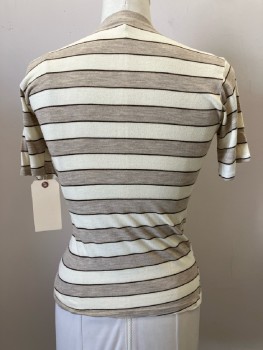 Womens, T-Shirt, CUSTOM CASUAL, L, Beige/ Heather Brown, Horizontal Stripes, CN, S/S,