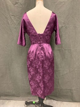 MTO, Purple, Silk, Solid, Floral, Jaquard Floral Pattern, Boat Neck, Dolman 3/4 Sleeve, Open Back, Zip Back, 4" Waistband, Knee Length, Pleated Upwards From Waistband, Pleated Skirt, Self Tie Attached at Center Front,  1960's
