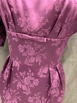 MTO, Purple, Silk, Solid, Floral, Jaquard Floral Pattern, Boat Neck, Dolman 3/4 Sleeve, Open Back, Zip Back, 4" Waistband, Knee Length, Pleated Upwards From Waistband, Pleated Skirt, Self Tie Attached at Center Front,  1960's