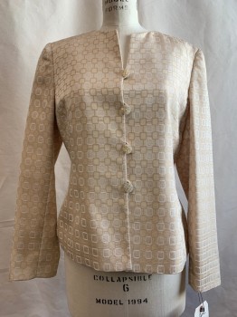 LE SUIT, Beige, Polyester, Rayon, Geometric, Geometric Square Print, Button Front, Button Loops,