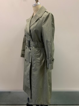 Womens, Coat, NO LABEL, Putty/Khaki Gray, Polyester, Cotton, Solid, B34, C.A., L/S, Button Front, Double Breasted, Side Pockets, With Matching Belt, Detachable Lining