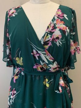 Torrid, Green, Pink, White, Yellow, Black, Polyester, Floral, S/S, V Neck, Crossover, Sheer Sleeves, with Matching Belt