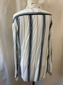 ZARA, White, Forest Green, Pea Green, Viscose, Stripes - Vertical , Collar Attached, Button Front, Long Sleeves