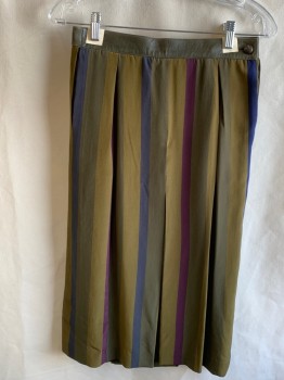 LOEWE, Moss Green, Gold, Wine Red, Navy Blue, Gray, Silk, Leather, Stripes - Vertical , Stripes - Diagonal , Leather Waist Band with Side Leather Button Closing, Side Pckts, 2 Box Pleats @ Front & Back Waist, One Lower Box Pleat Front And Back Center, Hem Mid-calf
