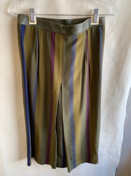LOEWE, Moss Green, Gold, Wine Red, Navy Blue, Gray, Silk, Leather, Stripes - Vertical , Stripes - Diagonal , Leather Waist Band with Side Leather Button Closing, Side Pckts, 2 Box Pleats @ Front & Back Waist, One Lower Box Pleat Front And Back Center, Hem Mid-calf