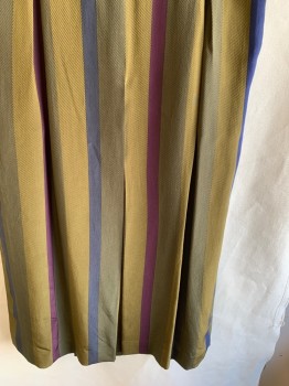 Womens, 1980s Vintage, Piece 2, LOEWE, Moss Green, Gold, Wine Red, Navy Blue, Gray, Silk, Leather, Stripes - Vertical , Stripes - Diagonal , W 29, Leather Waist Band with Side Leather Button Closing, Side Pckts, 2 Box Pleats @ Front & Back Waist, One Lower Box Pleat Front And Back Center, Hem Mid-calf