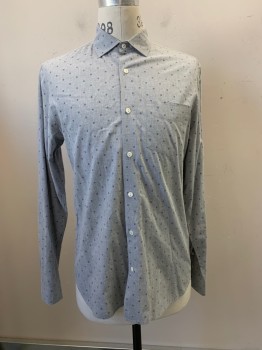 Mens, Casual Shirt, WOOLRICH, Lt Gray, Multi-color, Cotton, Floral, S, C.A., Button Front, L/S, 1 Pocket, Blue Flowers with Yellow Center