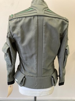 Mens, Jacket, MTO, Gray, Green, Black, Nylon, Synthetic, C42, Quilted Front, Zip/snap Front, Stand Collar, 2 Zip Pkts., Utility Pouch Pockets with Flaps - 2 In Front & 2 On Back, 2 Flaps On Chest (faux Pkts), 2 Self Belt Tabs At Front Waist, Zipper Pkts & Flap Pkts On Sleeves, Green & Gray Rubber Back Yoke, Black with Silver Metal Appliquéd Patches On Slvs,