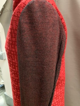 N/L, Red, Black, Silk, Viscose, Text, Abstract , High Neck, Zip Front, Burgundy Sleeves
