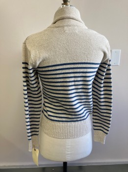 Mens, Pullover Sweater, RALPH LAUREN, Oatmeal Brown, Navy Blue, Cotton, Stripes - Horizontal , S, Textured Shawl Collar, 2 Btn. Detail, L/S,