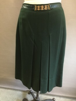 CELINE, Dk Green, Wool, Solid, Box Pleat Center Front and Center Back, Back Zip, Leather Attached Front Faux Belt with Gold Ornate Decoration,