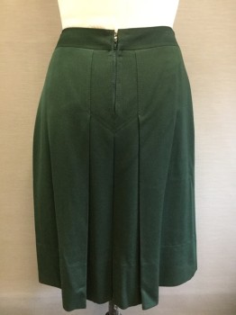 Womens, 1970s Vintage, Suit, Skirt, CELINE, Dk Green, Wool, Solid, W28, Box Pleat Center Front and Center Back, Back Zip, Leather Attached Front Faux Belt with Gold Ornate Decoration,