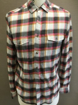 TOPMAN, Lt Gray, Gray, Hot Pink, Ochre Brown-Yellow, Cotton, Polyester, Plaid, Button Front, 2 Pockets with Flap, Collar Attached,