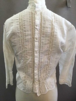 N/L, White, Cotton, Lace, Solid, Floral, 3/4 Sleeve, Buttons In Back, Sheer Lace Stand Collar, Sheer Lace Rectangular Inset At Bust W/Swirled and Floral Embroidery, Horizontal and Vertical Stripes Of Open Threadwork, Pin Tucks At Each Shoulder, Horizontal Pintucks On Sleeves, Made To Order,