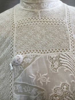 N/L, White, Cotton, Lace, Solid, Floral, 3/4 Sleeve, Buttons In Back, Sheer Lace Stand Collar, Sheer Lace Rectangular Inset At Bust W/Swirled and Floral Embroidery, Horizontal and Vertical Stripes Of Open Threadwork, Pin Tucks At Each Shoulder, Horizontal Pintucks On Sleeves, Made To Order,