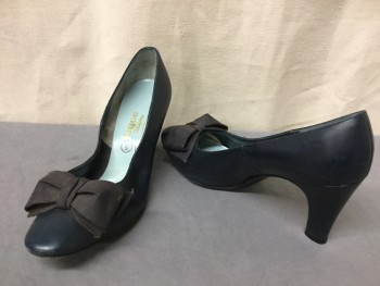 Womens, Shoes, JOYCE CALIFORNIA, Navy Blue, Black, Leather, Polyester, Solid, 6, Covered High Heel, Grosgrain Bow