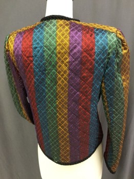 Womens, Evening Jacket, UNGARO SOLO DONNA, Green, Yellow, Purple, Red, Turquoise Blue, Acetate, Viscose, Stripes, Diamonds, 10, Crew Neck, Long Sleeves, Quilted, 2 Inch Vertical Stripes of Color, Jacquard Diamond & Dot Pattern, Black Velvet Braided Trim , Single Button = Olive / Faceted, Lining in Black, Extra Olive Faceted Button