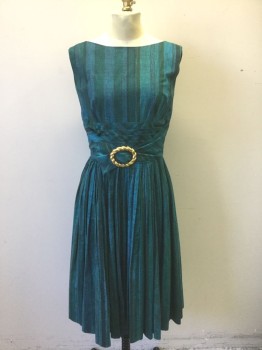 N/L, Turquoise Blue, Dk Green, Black, Cotton, Stripes - Vertical , Vertical Specked Turquoise/Black/Dark Green Stripes, Sleeveless, Bateau/Boat Neck Front, V Shaped Back, Horizontally Pleated Waist Yoke with Gathered Self Fabric Attached Belt with Gold Metal Oval Buckle at Center Front Waist, Pleated A-Line Skirt, Knee Length, Late 1950's/Early 1960's