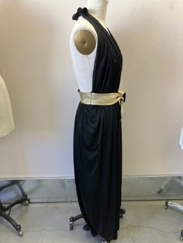 Womens, Evening Gown, BILL TICE, Black, Gold, Nylon, Solid, W30, B40, Halter Top, V-neck, Center Front Skirt Slit To Waist, Backless, Attached Tie Belt, Unfinished Edges
