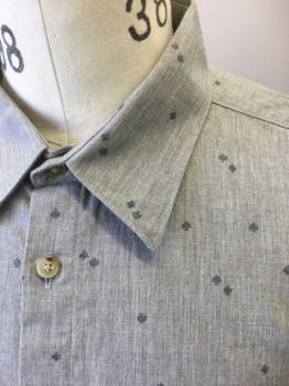 BEN SHERMAN, Lt Gray, Navy Blue, Cotton, Novelty Pattern, Gray Shirt with Navy Novelty Print. Long Sleeves, Collar Attached, Button Front,