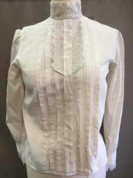 MORELLE, Cream, Cotton, Lace, Solid, Long Puffy Sleeves, Buttons In Back, Stand Collar, Cream Lace Detail At Front & Cuffs, Pleated Front **Worn and Mended At Back Button Placket