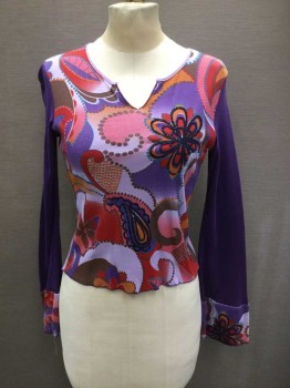 Womens, Top, FANG, Lavender Purple, Purple, Orange, Pink, Red, Cotton, B: 30, S, Lavender Body, Purple Sleeves, Floral/Paisley Abstract Front with Beaded Puffy Paint, Long Sleeves, with Multicolor Patterned Bell Cuff, V-neck, Slight Shoulder Burn,