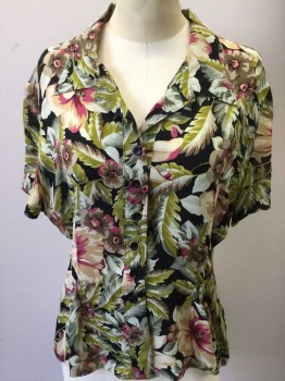 Womens, Blouse, BARAMI, Black, Chartreuse Green, Beige, Magenta Pink, Gray, Silk, Hawaiian Print, Floral, Large, Short Sleeves, Button Front, Collar Attached,