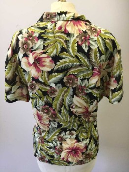 Womens, Blouse, BARAMI, Black, Chartreuse Green, Beige, Magenta Pink, Gray, Silk, Hawaiian Print, Floral, Large, Short Sleeves, Button Front, Collar Attached,