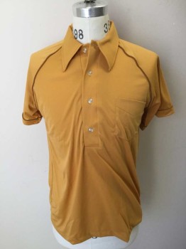 Mens, Polo Shirt, L M ACTIONWEAR, Goldenrod Yellow, Polyester, Solid, Small, Short Sleeves, 1 Pocket, Brown Piping at Raglan Sleeves,  4 Buttons,